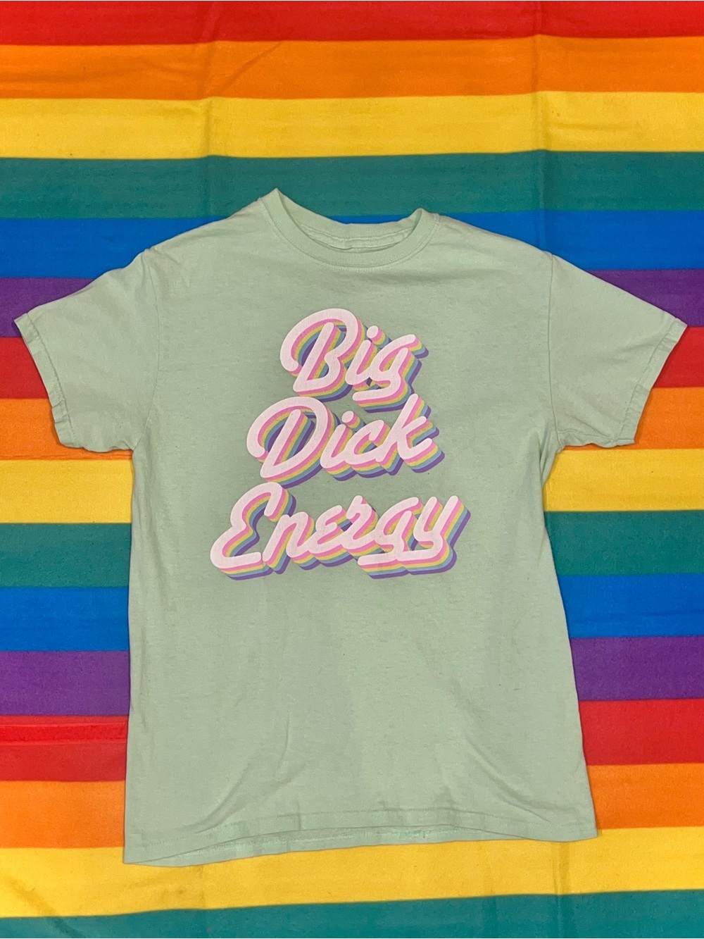 Spencer's "Big Dick Energy" Graphic Tee, Mint Green and Rainbow, Size Small